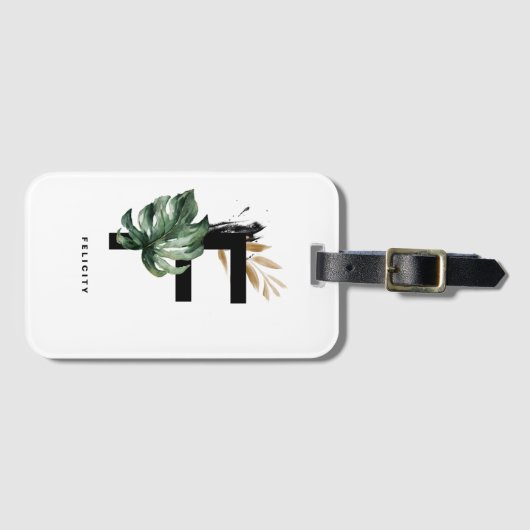 Boho Tropical Monstera Leaf Letter F Monogram Bagagelabel (Voorkant (horizontaal))