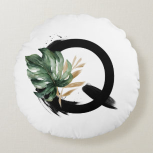 Boho Tropical Monstera Leaf Letter Q Monogram Rond Kussen