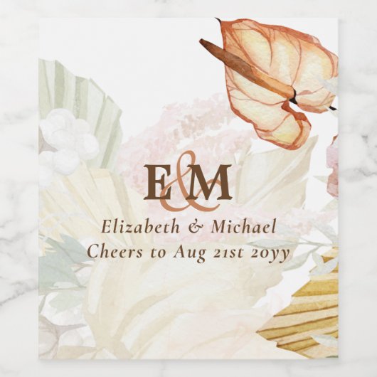 BOHO Tropical Pampas Grass Wedding Wijn Etiket (Enkel label)