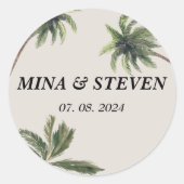 boho tropical waterverf palmstrand bruiloft ronde sticker (Voorkant)