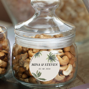 boho tropical waterverf palmstrand bruiloft ronde sticker