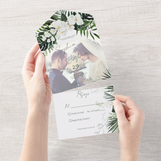 Boho Tropisch Groen Modern Wit Foto CUSTOM All In One Uitnodiging (Afscheurbaar)