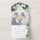 Boho Tropisch Groen Modern Wit Foto CUSTOM All In One Uitnodiging (Binnen)