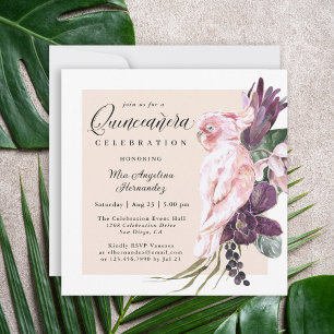 Boho Tropisch Roze Parrot Floral Quinceanera Kaart