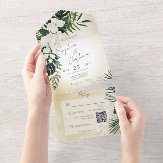 Boho Tropische Begroeiing Modern Zand QR Code All In One Uitnodiging (Afscheurbaar)