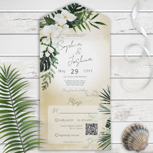 Boho Tropische Begroeiing Modern Zand QR Code All In One Uitnodiging