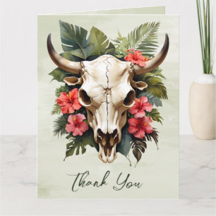 Boho Tropische Waterverf Bloemen Koe Schedel Huwel Bedankkaart