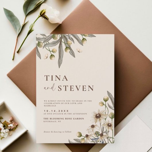 Boho Trouwkaart Beige Botanische Uitnodiging