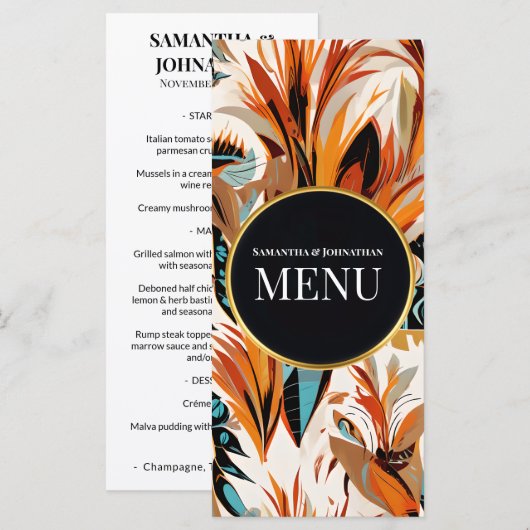 Boho Trouwmenu Kaart Tropisch Bloemmotief Terracot (Voorkant / Achterkant)