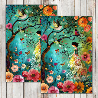 BOHO TUIN MEISJE DECOUPAGE TISSUEPAPIER