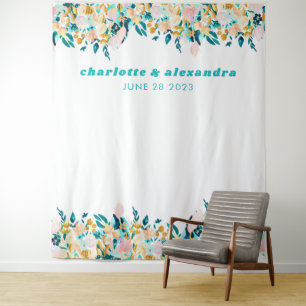 Boho turquoise blauw en gouden waterverf bloem bru wandkleed