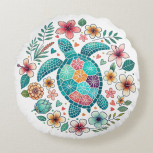Boho Turquoise Bloemige Zeeschildpad - Kust Rond Kussen