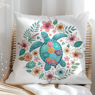 Boho Turquoise Bloemrijke Zee Schildpad - Kust  Kussen