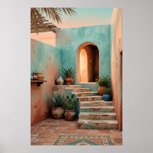 Boho Turquoise Desert Courtyard, Rustic Staircase  Poster (Voorkant)