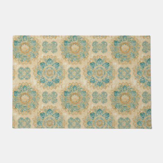 Boho Turquoise en Zand Beige Mandala Deurmat (Voorkant)
