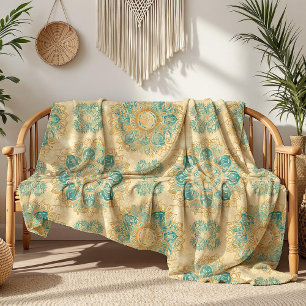 Boho Turquoise en Zand Beige Mandala Fleece Deken