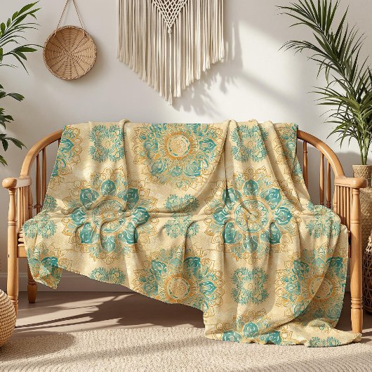 Boho Turquoise en Zand Beige Mandala Fleece Deken