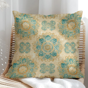 Boho Turquoise en Zand Beige Mandala Kussen