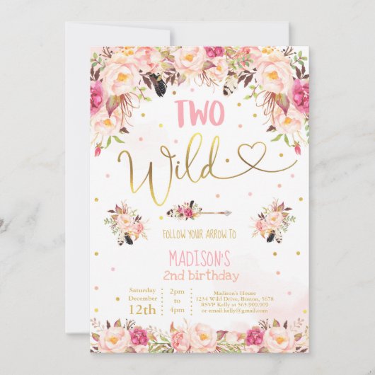 Boho Two Wild Birthday Invitation Aquarelle Boho (Devant)
