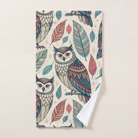 Boho Uil Blad Patroon Blauwgroen Rust Beige Bad Handdoek (Handdoek)