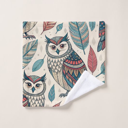 Boho Uil Blad Patroon Blauwgroen Rust Beige Bad Handdoek (Wasdoekje)