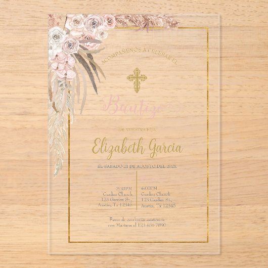 Boho uitnodiging voor doop acryl uitnodigingen (Voorkant)