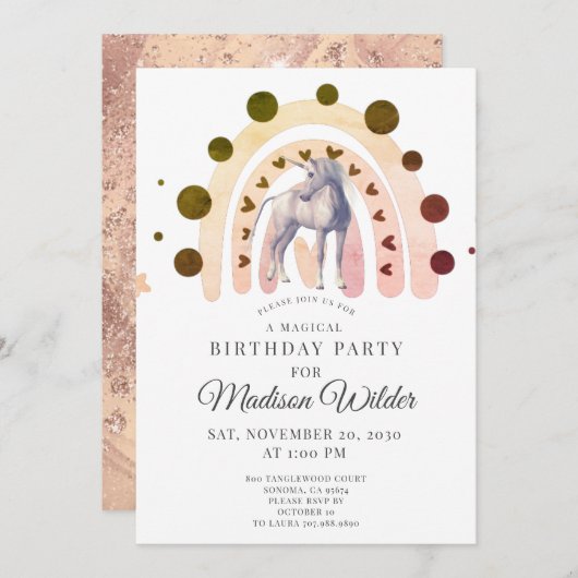 Boho Unicorn Rainbow Girl'anniversaire Invitation (Devant / Derrière)