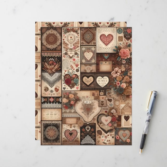 Boho Valentines Ephemera Scrapbook Papier (Devant/Arrière en situation)