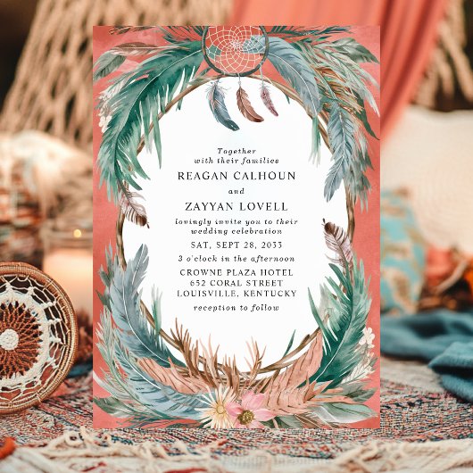 Boho Veerkrans met Droomvanger Bruiloft Kaart