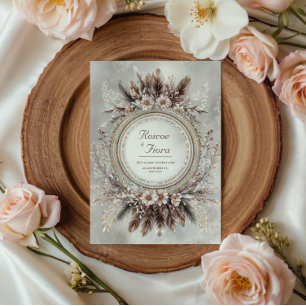 Boho Veerkrans Roze Bloem Bruiloft Kaart