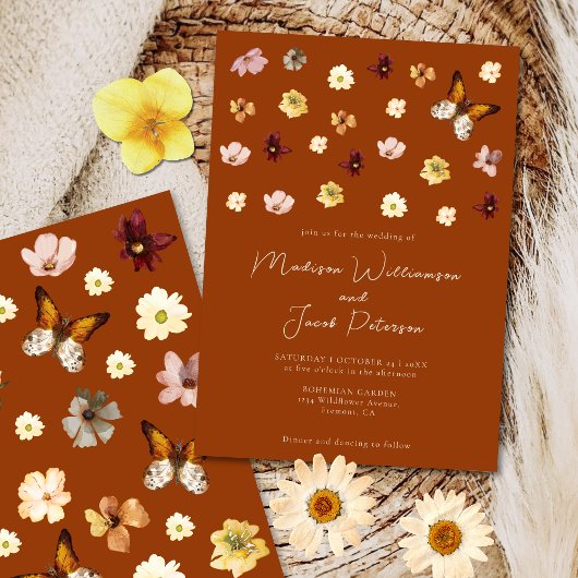 Boho Verbrand Sinaasappel Wildflower Huwelijksuitn Kaart