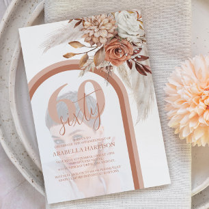 Boho Verbrande Oranje Bloemen Foto 60e Verjaardag Kaart