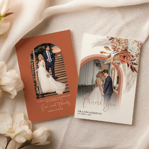 Boho Verbrande Oranje Bloemen & Pampas Foto Bedank Bedankkaart