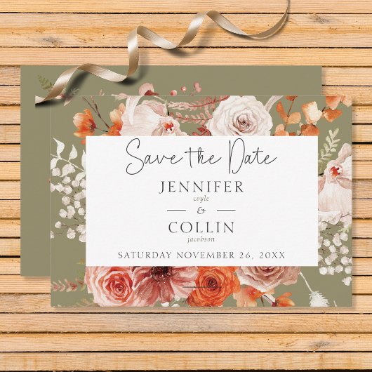 Boho Verbrande Oranje Herfst Bloemenboog Monogram  Save The Date