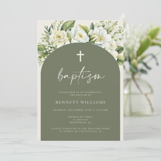 Boho verdure et fleurs Baptême Invitation (Debout devant)
