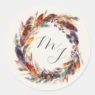Boho veren bloemenkrans monogram bruiloft ronde sticker