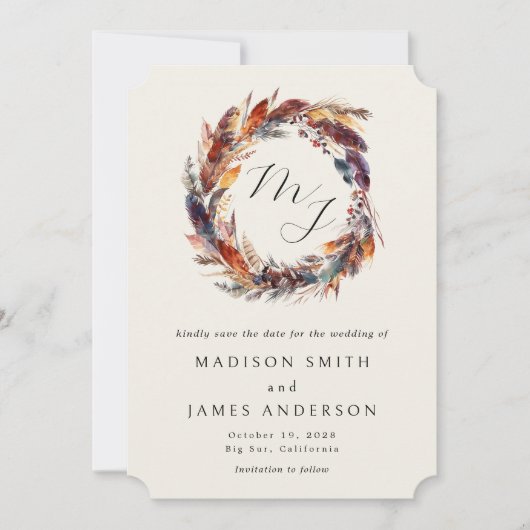 Boho Veren Bloemenkrans Monogram Huwelijk Save The Date (Voorkant)