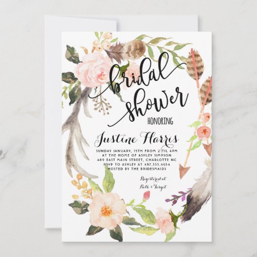 Boho veren Bruids Douche Uitnodiging (Voorkant)