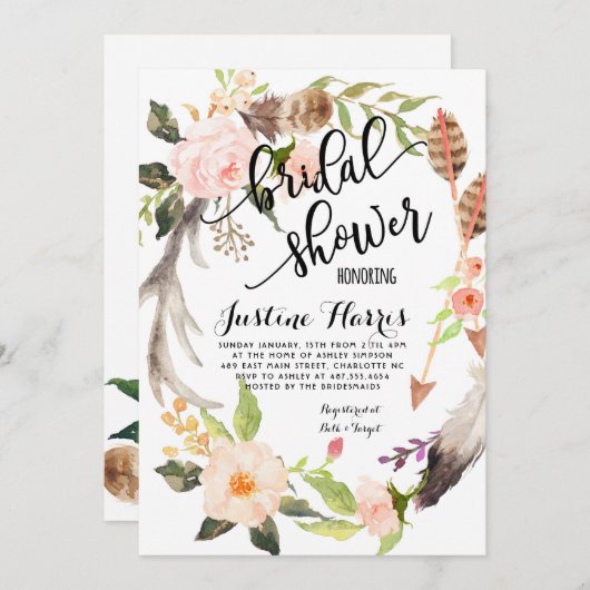 Boho veren Bruids Douche Uitnodiging (Voorkant / Achterkant)