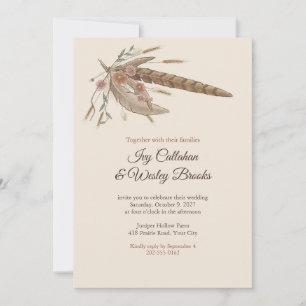 Boho Veren en Gedroogde Bloemen Trouwuitnodiging Kaart