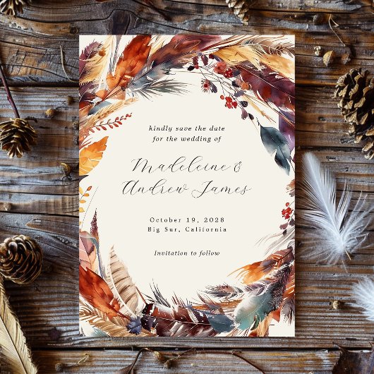 Boho veren Herfst gebladerte kalligrafie bruiloft Save The Date