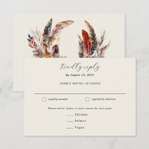 Boho veren krans maaltijd keuze bruiloft RSVP kaartje