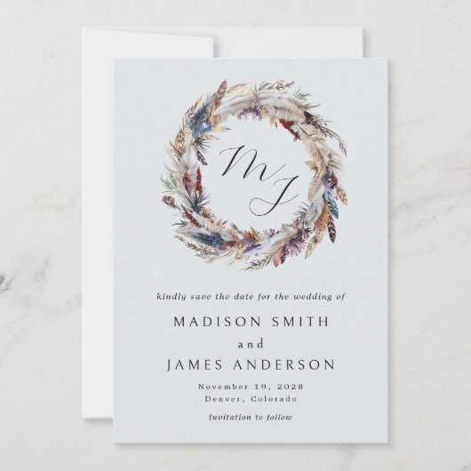 Boho veren krans monogram winter bruiloft save the date (Voorkant)