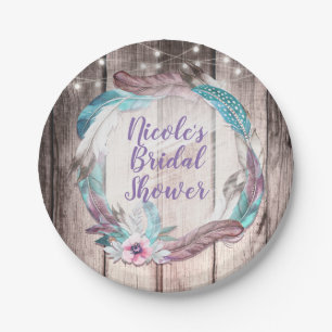 Boho veren krans & snoer verlichting bruidsdouche papieren bordje