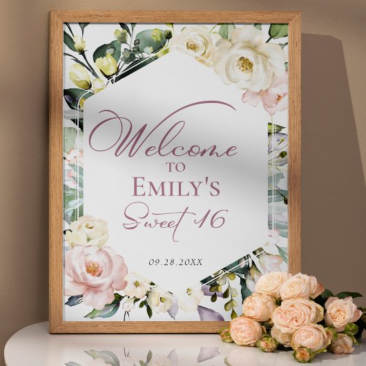 Boho Vert Floral Frame Sweet 16 Affiche de bienven