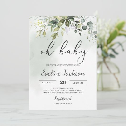 Boho vert Oh Baby shower Invitation Eucalyptus (Debout devant)