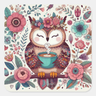 Boho Vibes: Koffie en Uil Art Cottagecore Design Vierkante Sticker