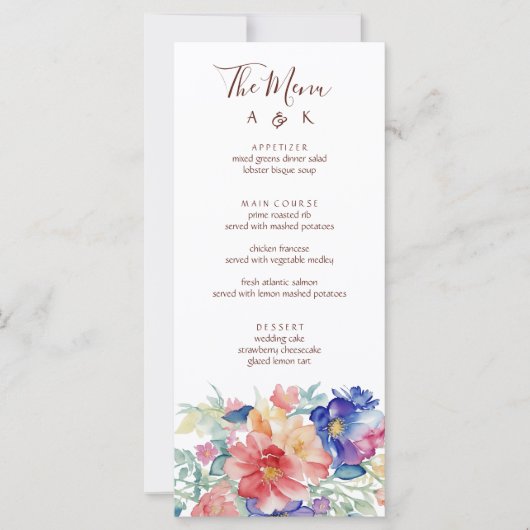 Boho Vibrant Flowers Menu Mariage Carte Plat (Devant)