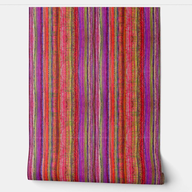 Boho Vintage Rood Paars Strepen -  Behang (Afrollen)