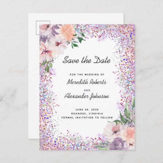 Boho Violet Pêche Fleur Glitter Invitation à sauve (Devant / Derrière)